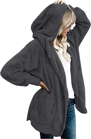Grey Fuzzy Jacket Hooded Cardigan
