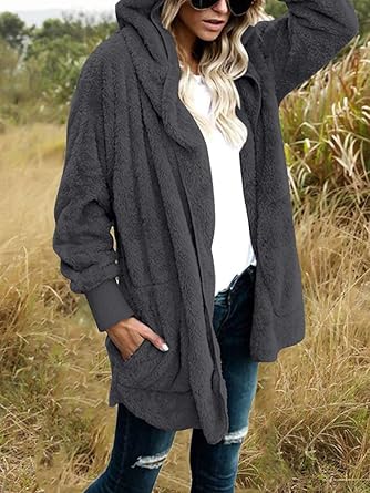 Grey Fuzzy Jacket Hooded Cardigan