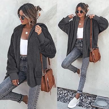 Grey Fuzzy Jacket Hooded Cardigan