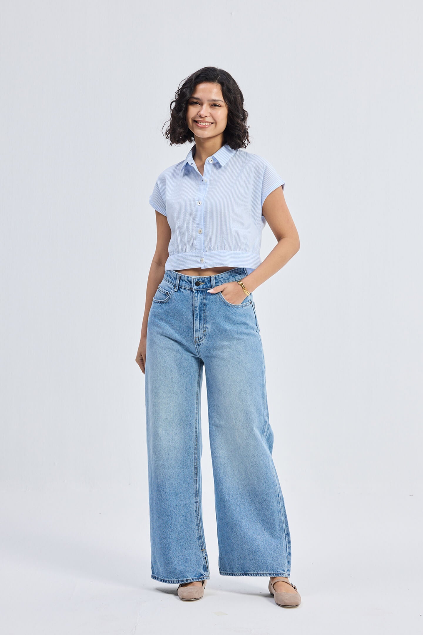 Oversized Crop Shirt in Classic Stripes