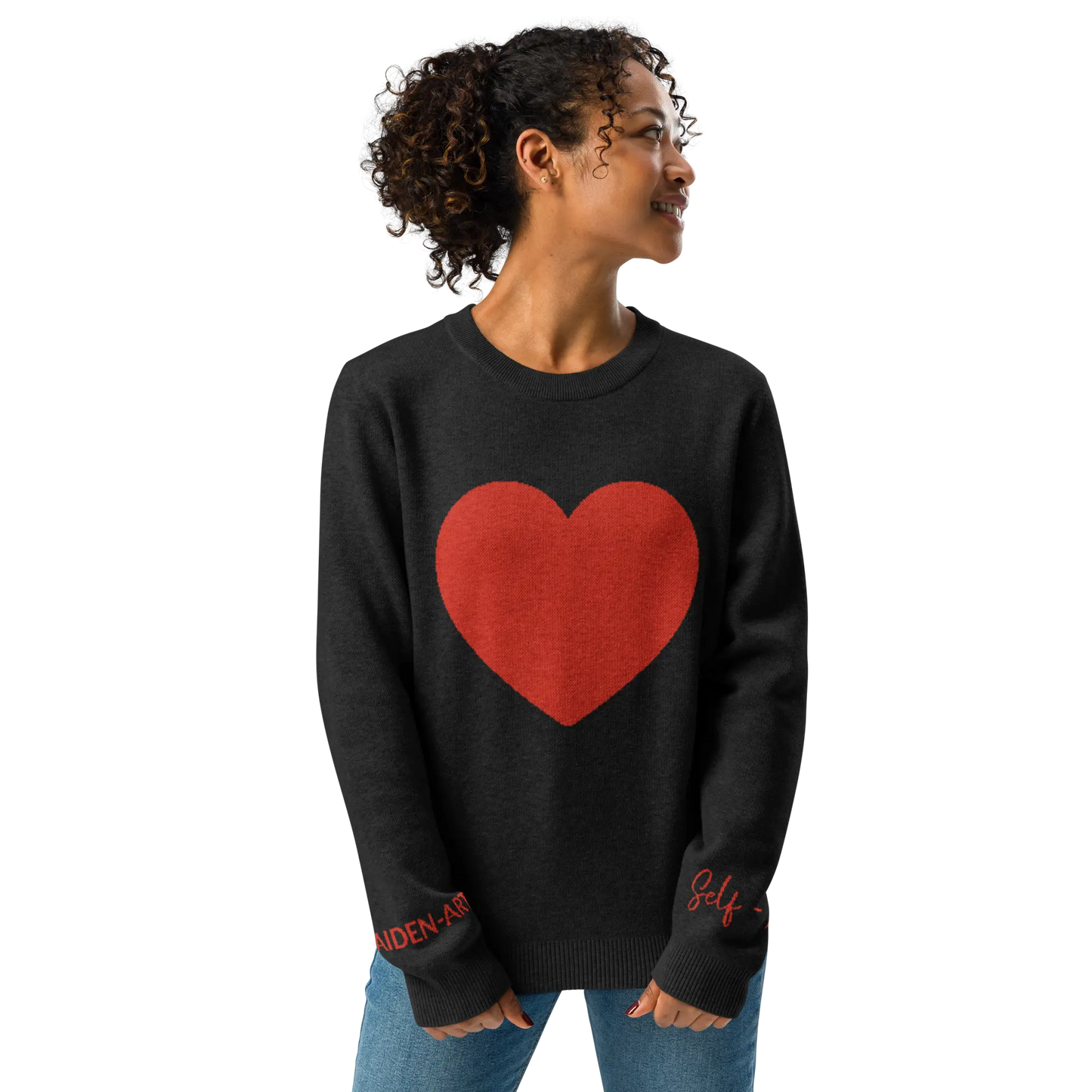 Heart - Knitted crew neck sweater BLACK