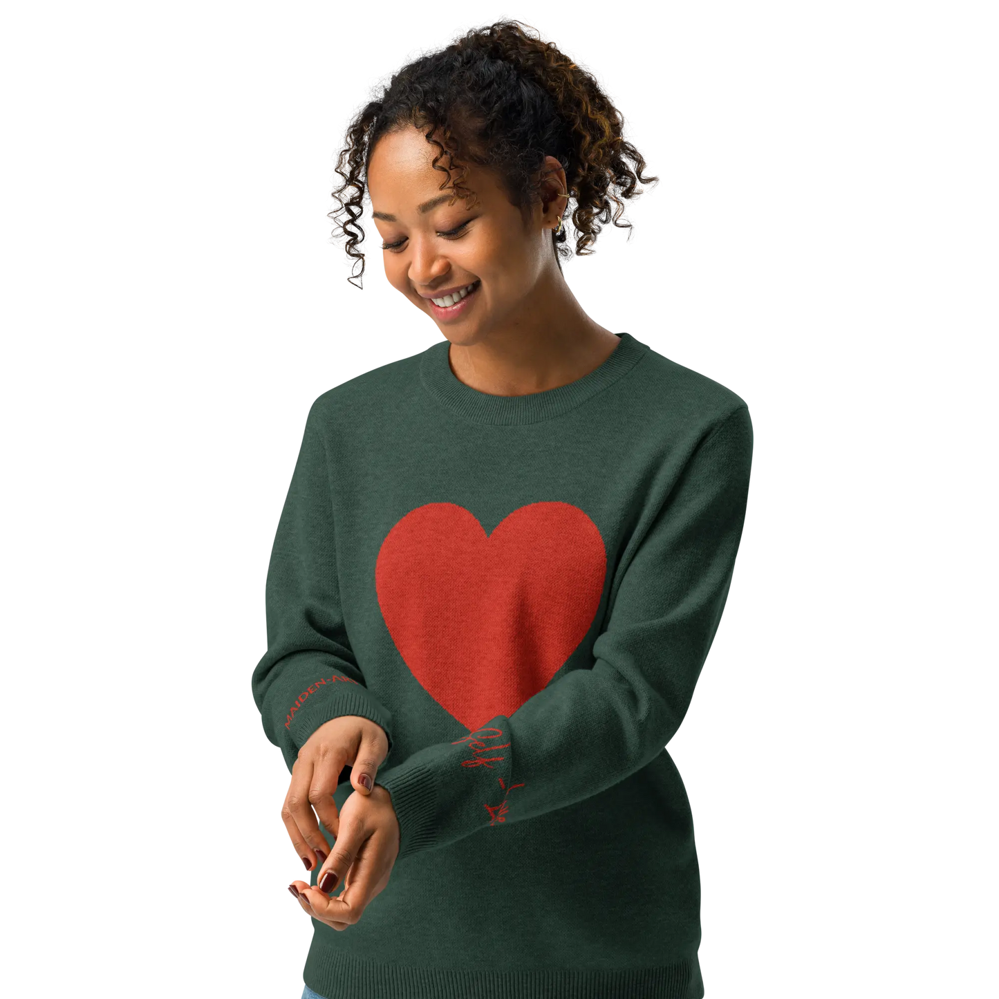 Heart - Knitted crew neck sweater PINE