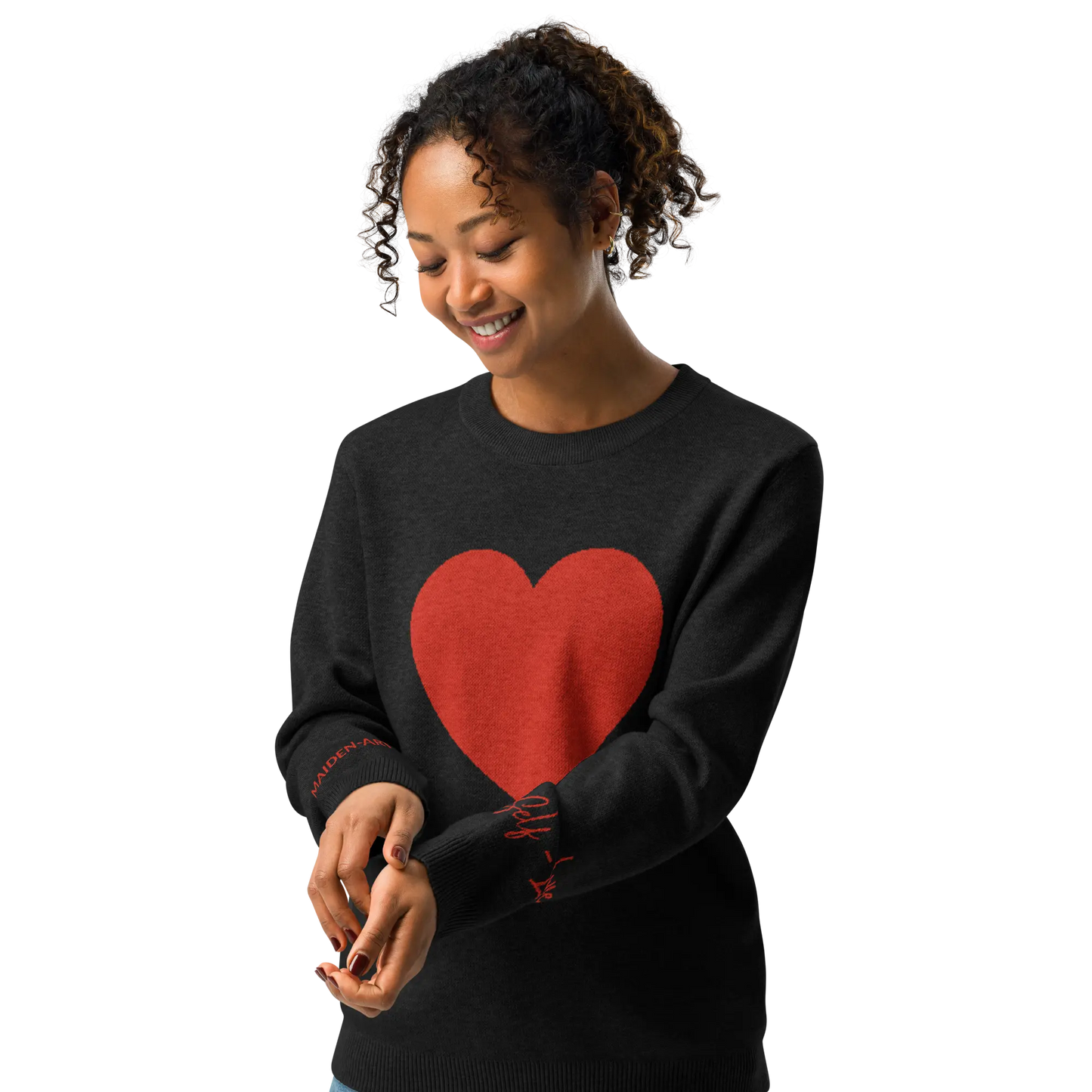 Heart - Knitted crew neck sweater BLACK